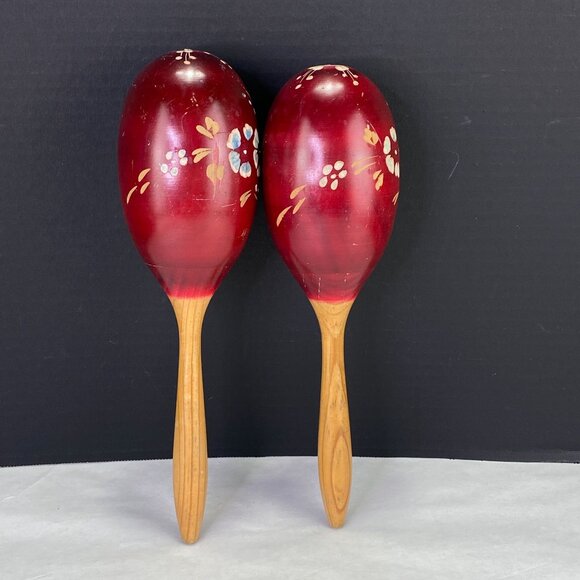 Vintage Red Wood Maracas With Floral Design - Picture 4 of 12